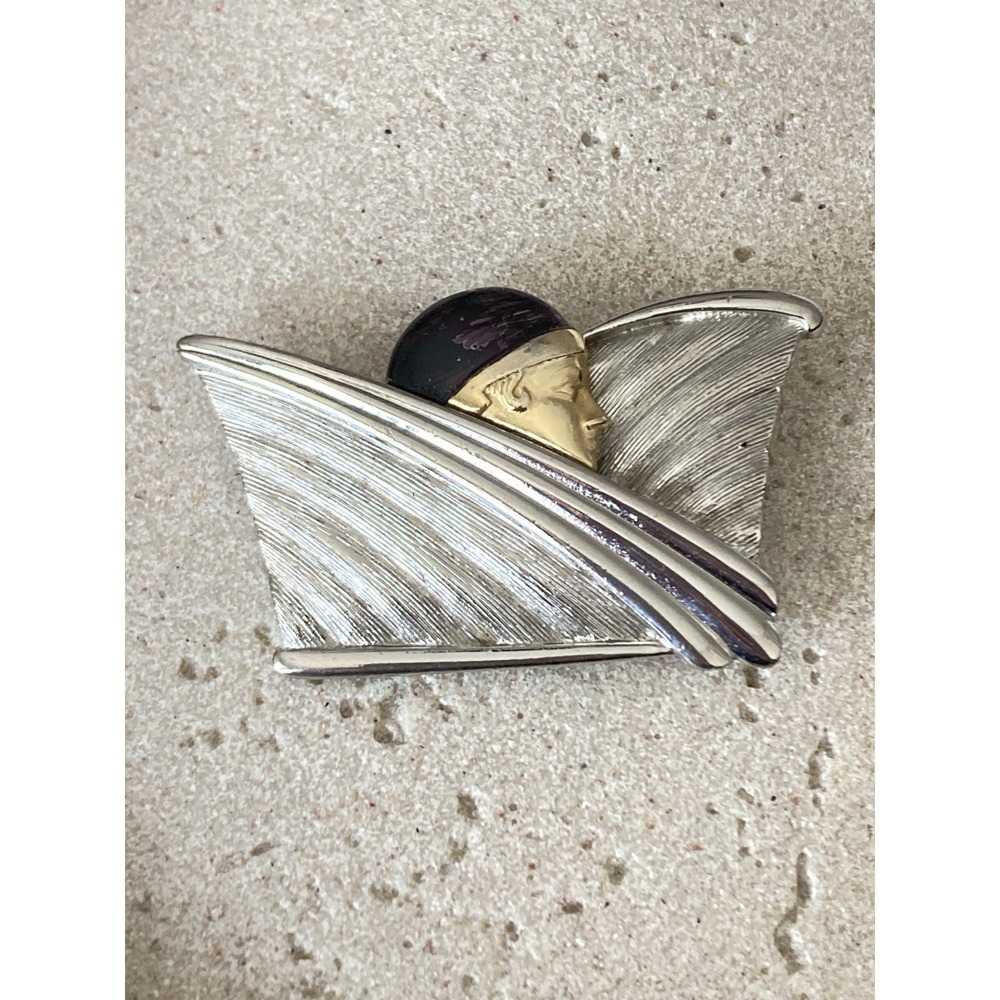 Art Deco Style Lady Profile Brooch Silver‎ Gold Tone Egyptian Revival Figural
